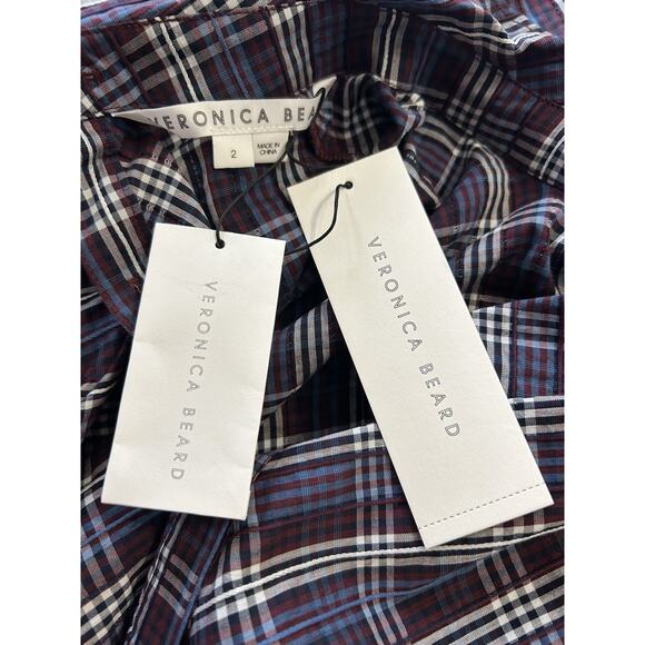 $368 NWT Veronica Beard Isabel Reversed Wine Plaid Blouse Puff Sleeves Size 2 - Picture 6 of 9
